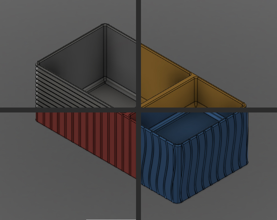 A Simple Stationairy Supplies organizer 3D rendered with 4 patterns & 4 colours showing. Divided into sections.